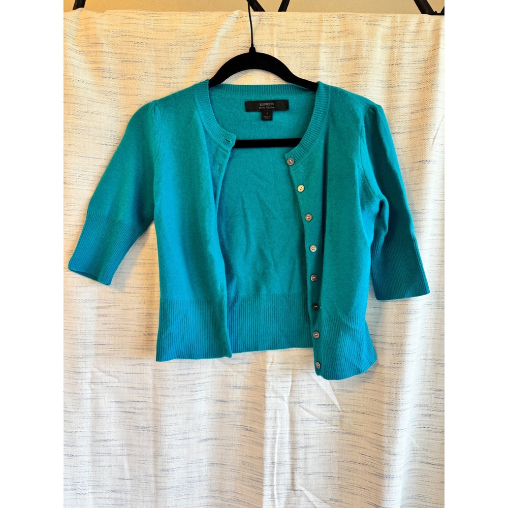 Express 100% Cashmere Teal Blue Button Front Elbow Sleeve Cardigan Sweater Small